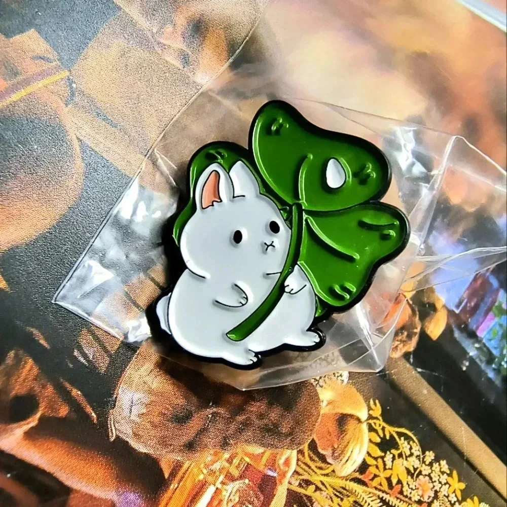 White bunny with green shamrock enamel pin backpack clothes hat denim cap bag